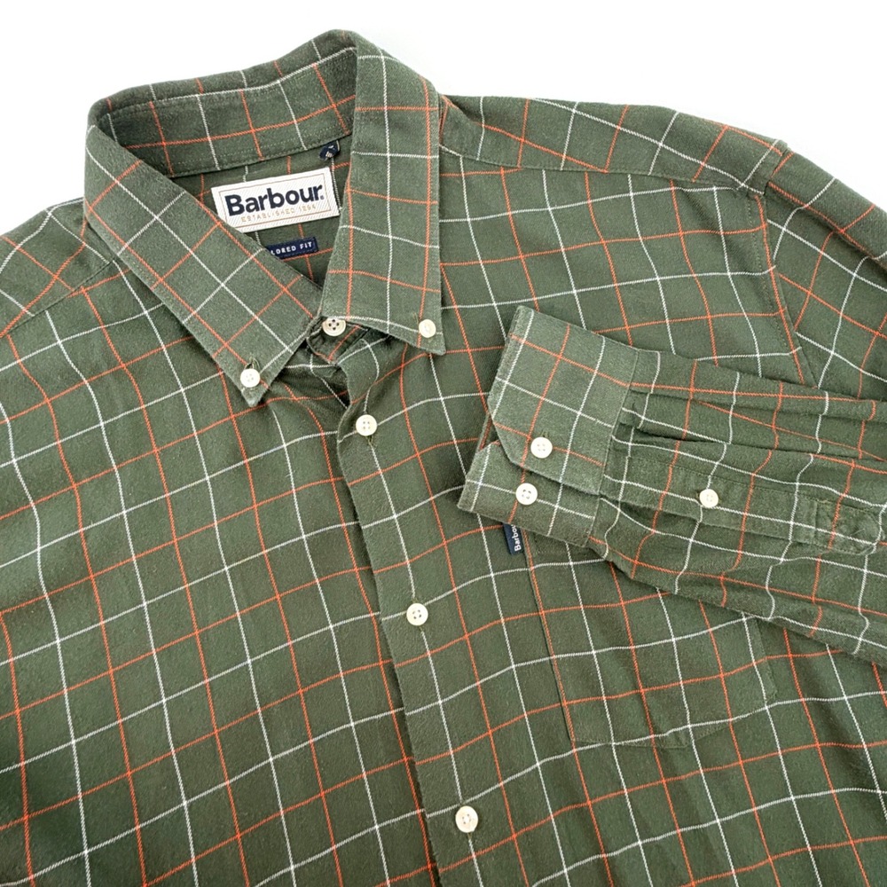 Barbour Archie Shirt Mens Large Green Flannel Tailored Fit Tattersall Fair